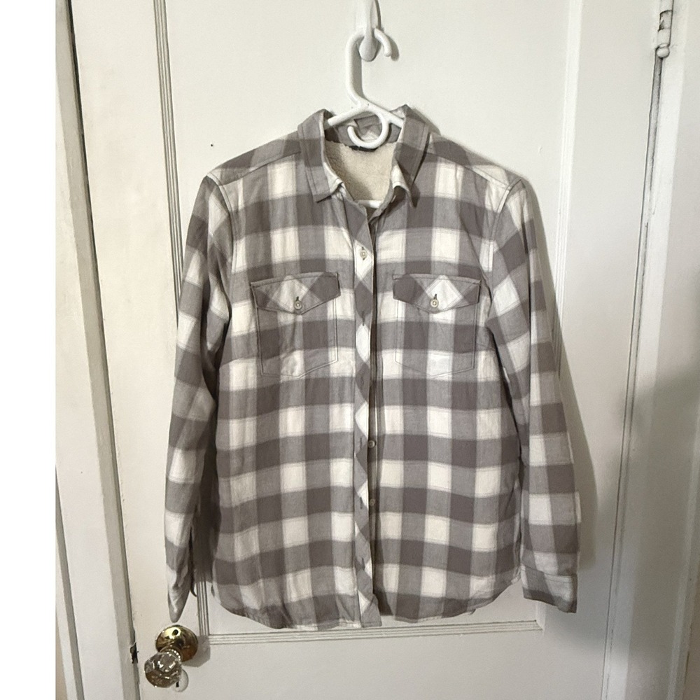 Eddie Bauer Womens Grey White Plaid Sherpa Lined Flannel Shirt Jacket Small